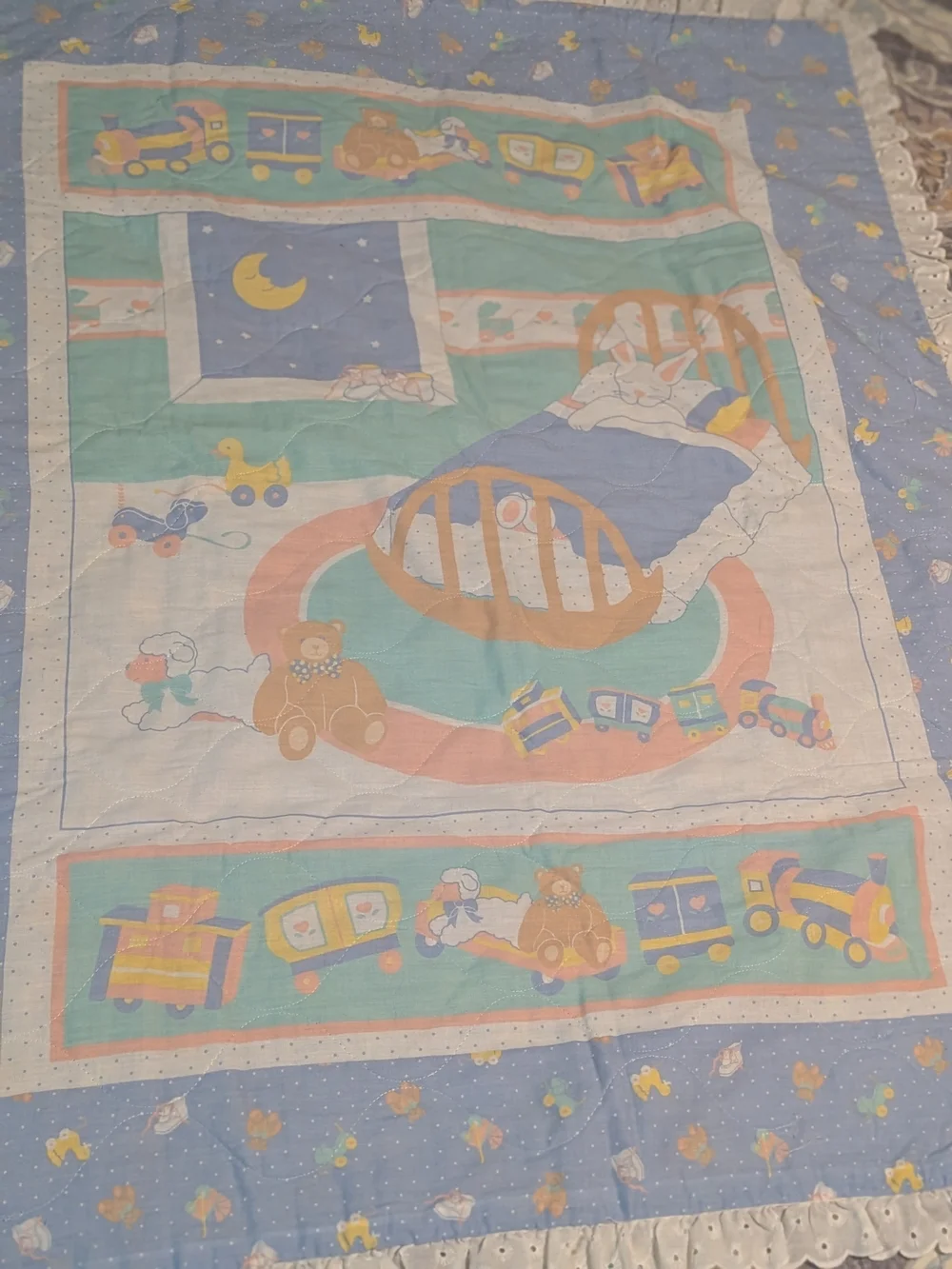 Nursery Baby Blanket - Pastel Blue Bedtime Train & Toys